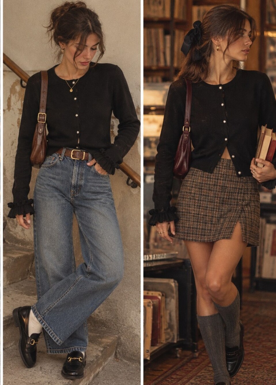 VINTAGE Black Button-Front Ruffle Cuff Cardigan Sweater WOOL/CASHMIRE ♡